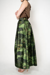 Lunatica Milano Satin Maxi Pleated Skirt in Dark Green Jungle Print