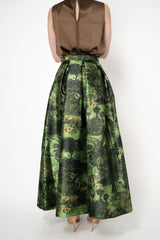 Lunatica Milano Satin Maxi Pleated Skirt in Dark Green Jungle Print