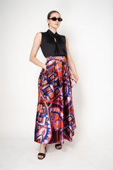 Lunatica Milano Satin Maxi Pleated Skirt in Orange and Violet Kaleidoscope Print