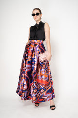 Lunatica Milano Satin Maxi Pleated Skirt in Orange and Violet Kaleidoscope Print