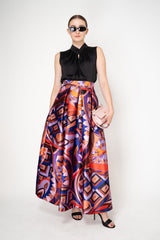 Lunatica Milano Satin Maxi Pleated Skirt in Orange and Violet Kaleidoscope Print