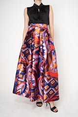 Lunatica Milano Satin Maxi Pleated Skirt in Orange and Violet Kaleidoscope Print