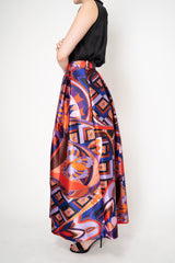 Lunatica Milano Satin Maxi Pleated Skirt in Orange and Violet Kaleidoscope Print