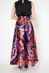 Lunatica Milano Satin Maxi Pleated Skirt in Orange and Violet Kaleidoscope Print