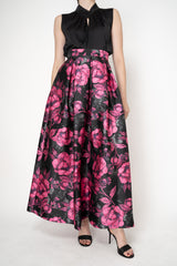 Lunatica Milano Satin Maxi Pleated Skirt in Peony Print in Pink and Black