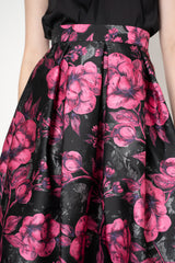Lunatica Milano Satin Maxi Pleated Skirt in Peony Print in Pink and Black