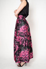Lunatica Milano Satin Maxi Pleated Skirt in Peony Print in Pink and Black