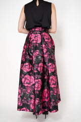 Lunatica Milano Satin Maxi Pleated Skirt in Peony Print in Pink and Black