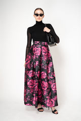 Lunatica Milano Satin Maxi Pleated Skirt in Peony Print in Pink and Black