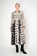 Sara Roka Shirtdress with Satin Pleated Skirt in Black and White Polka Dot Print