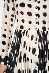 Sara Roka Shirtdress with Satin Pleated Skirt in Black and White Polka Dot Print