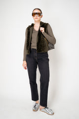 Fabiana Filippi Cotton Stretch V-Neck Long Sleeve T-Shirt With Tulle Trim in Khaki