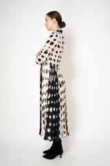 Sara Roka Shirtdress with Satin Pleated Skirt in Black and White Polka Dot Print