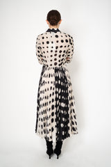 Sara Roka Shirtdress with Satin Pleated Skirt in Black and White Polka Dot Print