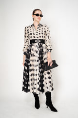 Sara Roka Shirtdress with Satin Pleated Skirt in Black and White Polka Dot Print