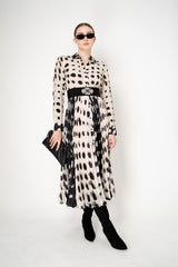 Sara Roka Shirtdress with Satin Pleated Skirt in Black and White Polka Dot Print