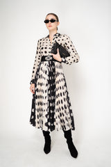 Sara Roka Shirtdress with Satin Pleated Skirt in Black and White Polka Dot Print