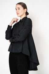 Sara Roka Crash Taffeta Button-Up Blouse with Trail Hem in Black