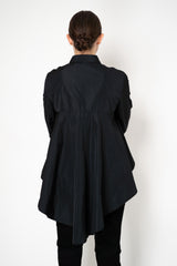 Sara Roka Crash Taffeta Button-Up Blouse with Trail Hem in Black