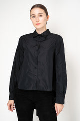 Sara Roka Crash Taffeta Button-Up Blouse with Trail Hem in Black