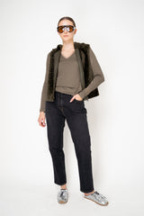 Fabiana Filippi Cotton Stretch V-Neck Long Sleeve T-Shirt With Tulle Trim in Khaki