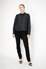 Sara Roka Crash Taffeta Button-Up Blouse with Trail Hem in Black