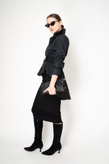 Sara Roka Crash Taffeta Button-Up Blouse with Trail Hem in Black