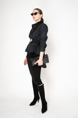 Sara Roka Crash Taffeta Button-Up Blouse with Trail Hem in Black