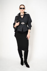 Sara Roka Crash Taffeta Button-Up Blouse with Trail Hem in Black