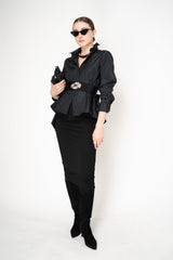 Sara Roka Crash Taffeta Button-Up Blouse with Trail Hem in Black