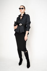 Sara Roka Crash Taffeta Button-Up Blouse with Trail Hem in Black