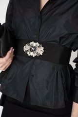 Sara Roka Rhinestone Embellished Grosgrain Ribbon Belt in Black