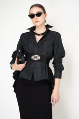Sara Roka Crash Taffeta Button-Up Blouse with Trail Hem in Black