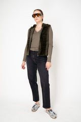 Fabiana Filippi Cotton Stretch V-Neck Long Sleeve T-Shirt With Tulle Trim in Khaki