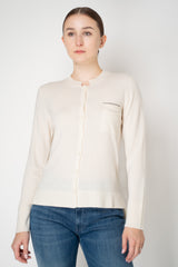 Rocco Ragni Wool Cashmere Knit Round Neck Cardigan with Filo Diamante Chest Pocket in Off-White