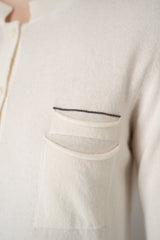 Rocco Ragni Wool Cashmere Knit Round Neck Cardigan with Filo Diamante Chest Pocket in Off-White