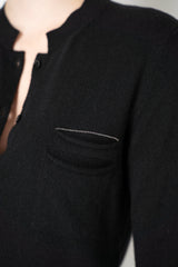 Rocco Ragni Wool Cashmere Knit Round Neck Cardigan with Filo Diamante Chest Pocket in Black