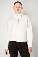 Fabiana Filippi Merino Wool High Neck Cardigan with Gold Knot Brooch in Off-White