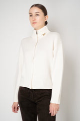 Fabiana Filippi Merino Wool High Neck Cardigan with Gold Knot Brooch in Off-White