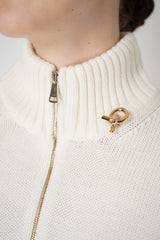 Fabiana Filippi Merino Wool High Neck Cardigan with Gold Knot Brooch in Off-White