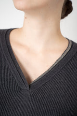 Rocco Ragni Wool Cashmere Ribbed Knit Filo Diamante V-Neck Pullover in Charcoal