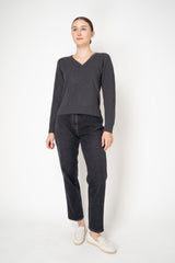 Rocco Ragni Wool Cashmere Ribbed Knit Filo Diamante V-Neck Pullover in Charcoal