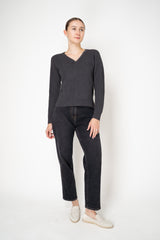 Rocco Ragni Wool Cashmere Ribbed Knit Filo Diamante V-Neck Pullover in Charcoal