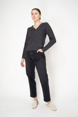 Rocco Ragni Wool Cashmere Ribbed Knit Filo Diamante V-Neck Pullover in Charcoal