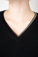 Rocco Ragni Wool Cashmere Ribbed Knit Filo Diamante V-Neck Pullover in Black