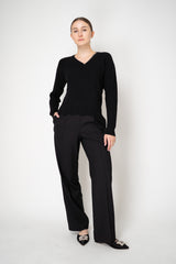 Rocco Ragni Wool Cashmere Ribbed Knit Filo Diamante V-Neck Pullover in Black