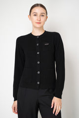 Rocco Ragni Wool Cashmere Ribbed Knit Round Neck Cardigan with Filo Diamante Tab Pocket in Black