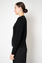 Rocco Ragni Wool Cashmere Ribbed Knit Round Neck Cardigan with Filo Diamante Tab Pocket in Black