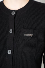 Rocco Ragni Wool Cashmere Ribbed Knit Round Neck Cardigan with Filo Diamante Tab Pocket in Black