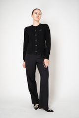 Rocco Ragni Wool Cashmere Ribbed Knit Round Neck Cardigan with Filo Diamante Tab Pocket in Black